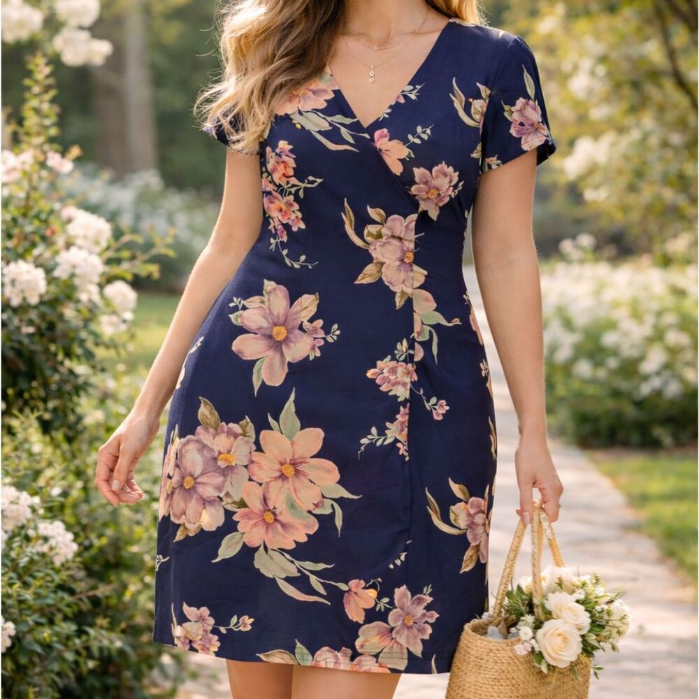2 for $20 Liz Claiborne Floral Faux Wrap Dress Size 10 Y2K Navy Pink Office Y2K